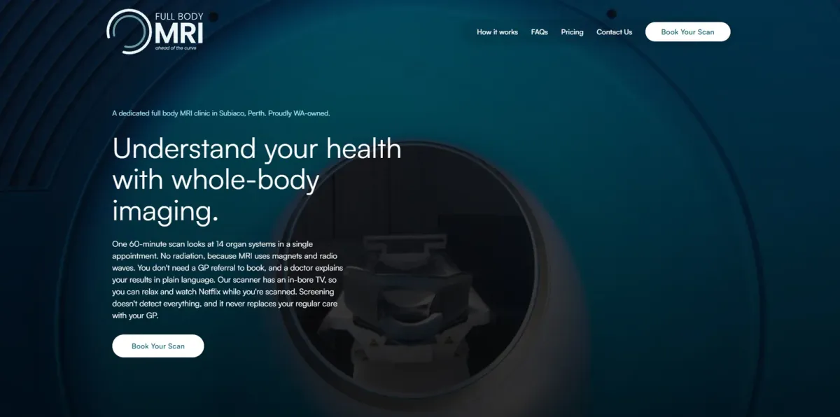 The Full Body MRI website on a desktop screen