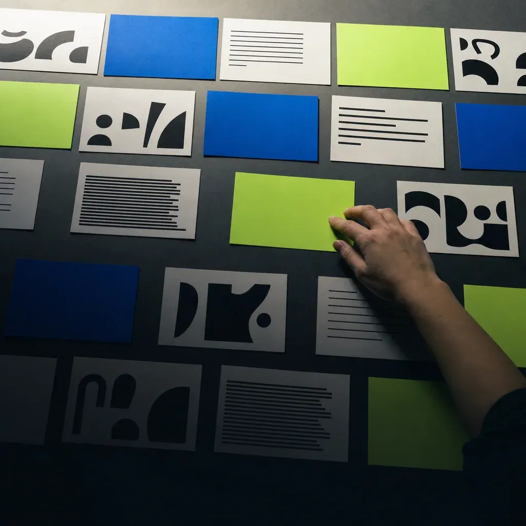 A hand arranging printed layout cards in blue, green and white on a dark board