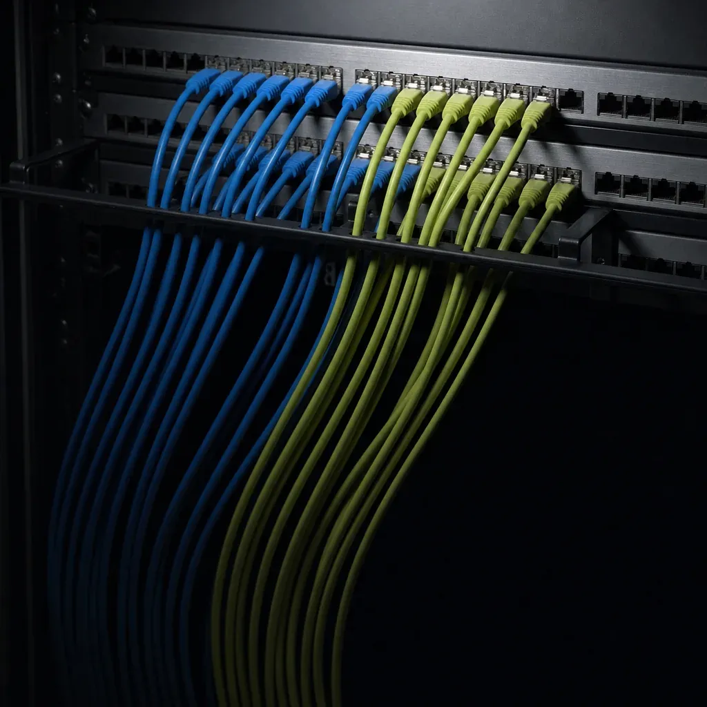 Blue and lime patch cables plugged into a rack panel and sweeping away in order