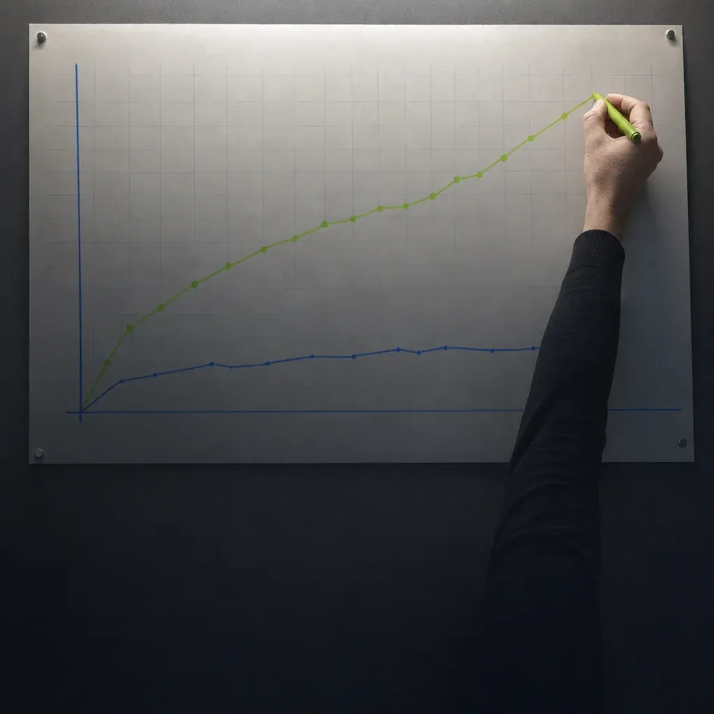 A hand drawing a rising line on a chart pinned to a wall