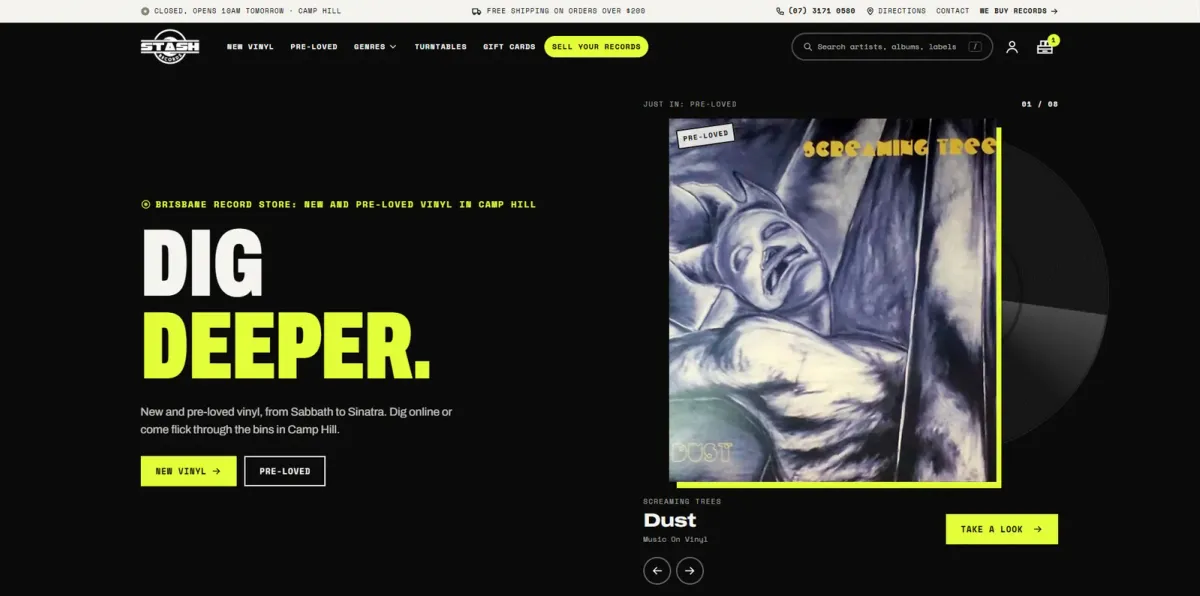 The Stash Records website on a desktop screen