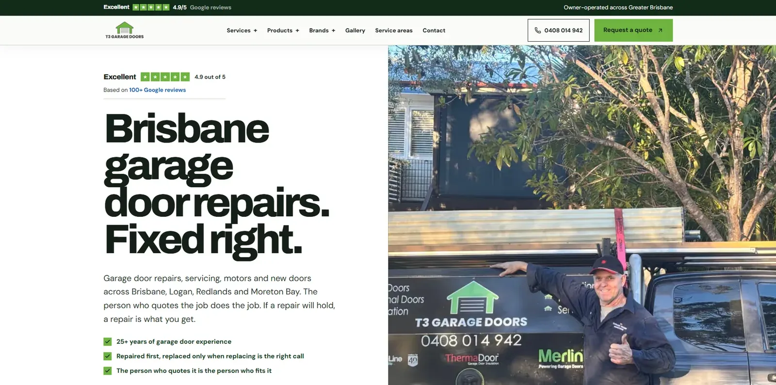 The T3 Garage Doors website on a desktop screen