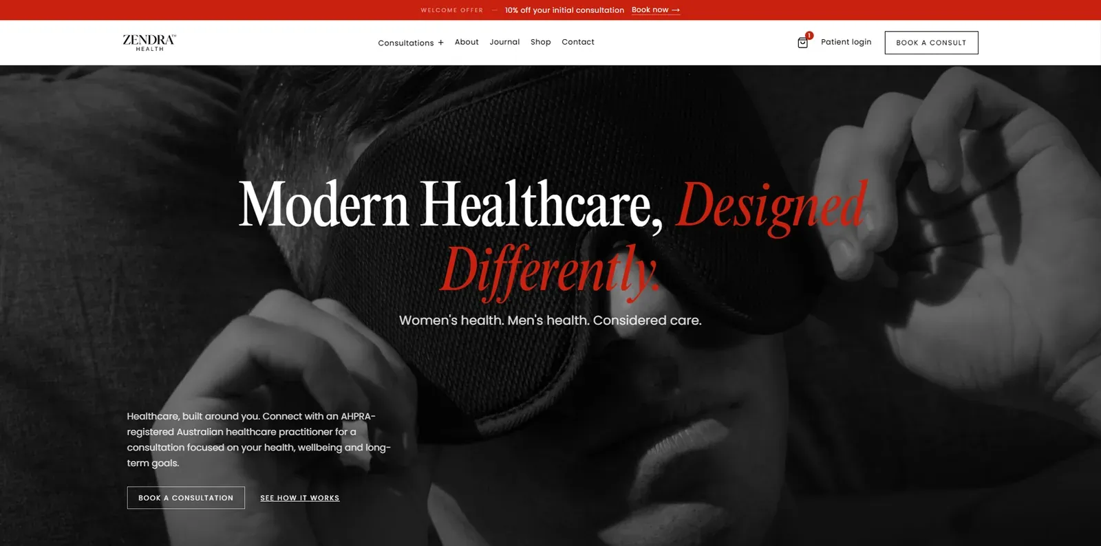 The Zendra Health website on a desktop screen